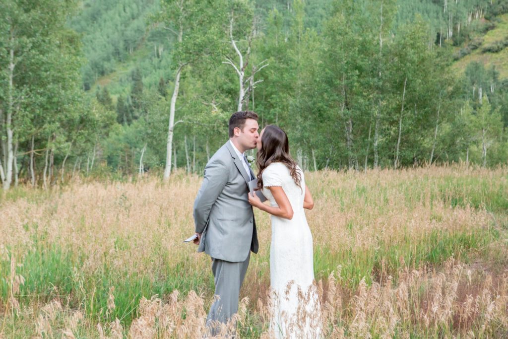 First kiss during elopement in Colorado