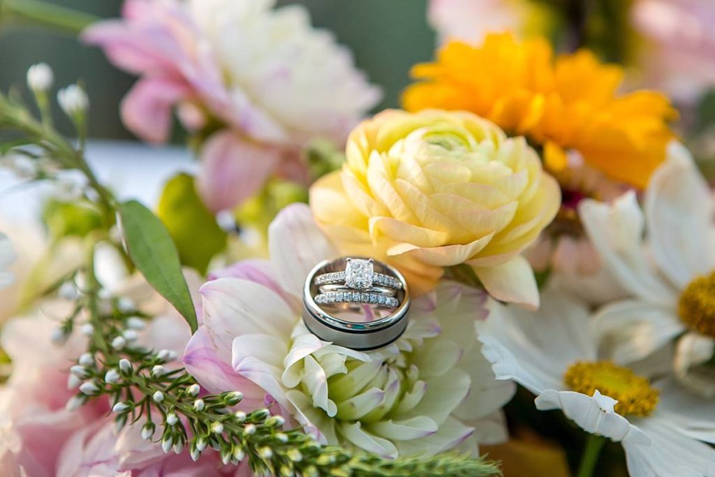 Wedding ring and bouquet detail