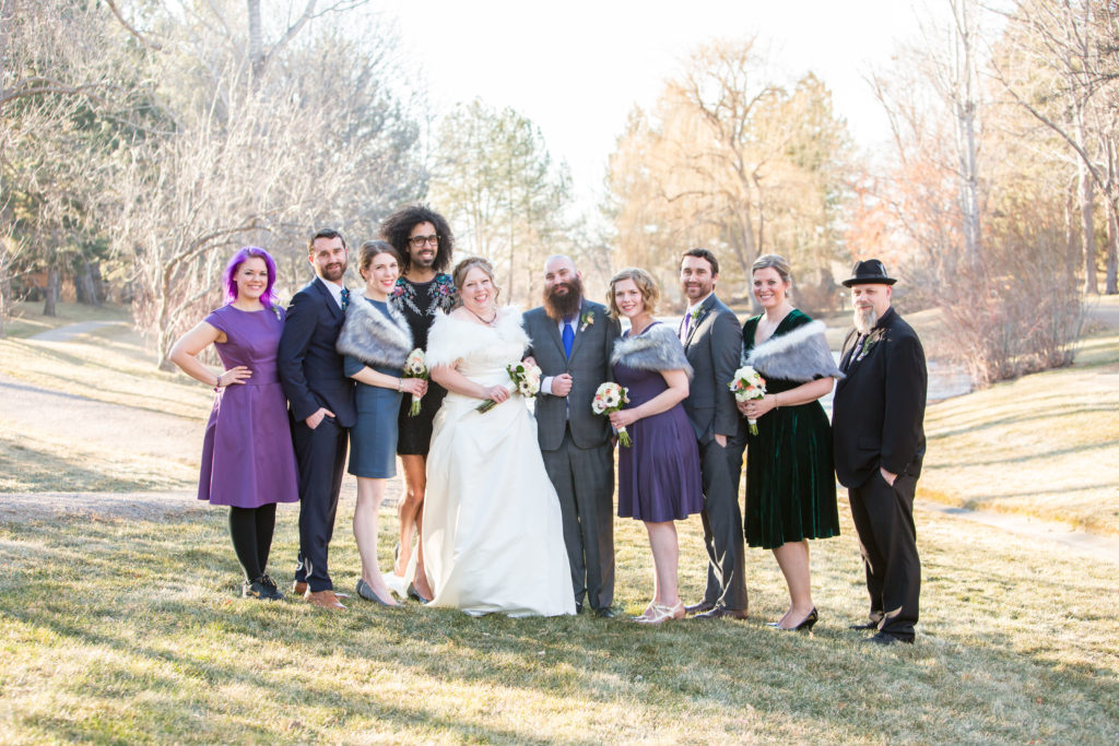 The whole wedding party just outside of the Boulder Country Club