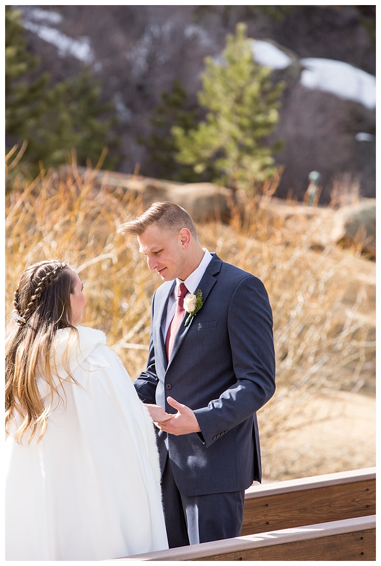 first look groom face, wedding photographers in Estes Park