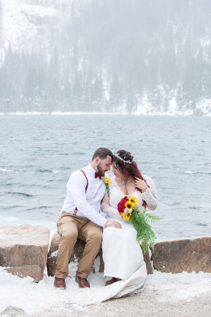 Winter wedding photos at Bear Lake in Rocky Mountain National Park