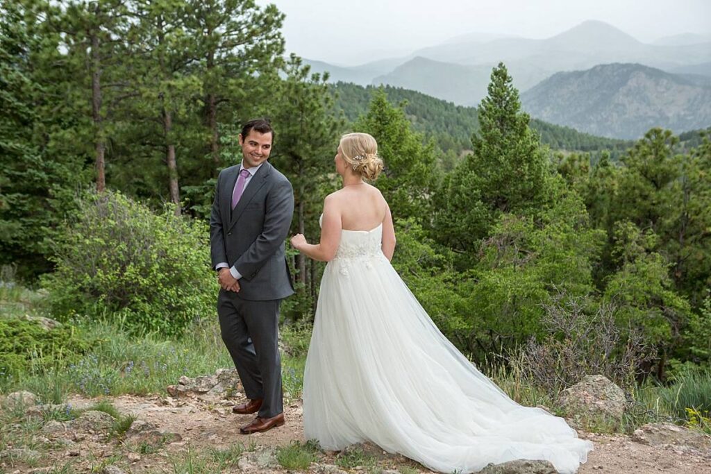 First look with bride and groom in Boulder