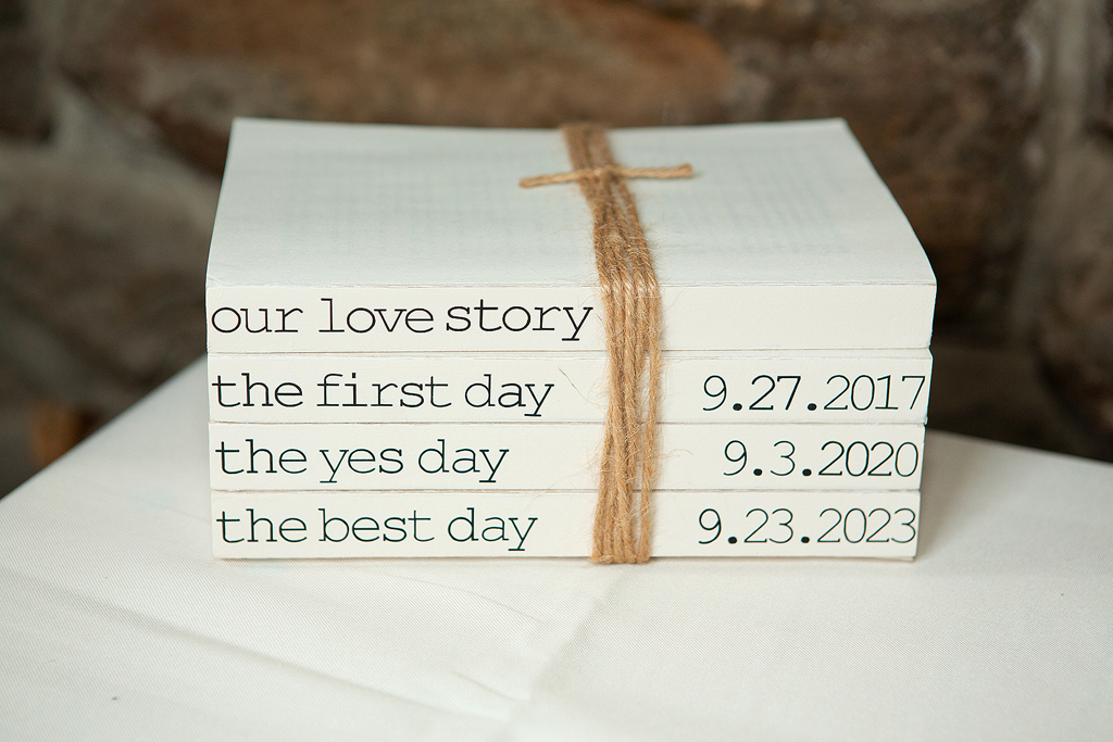 Close up of books with important dates of bride and groom.