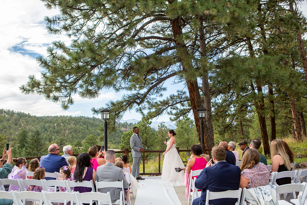 Chief Hosa Lodge wedding ceremony near Evergreen, Colorado.
