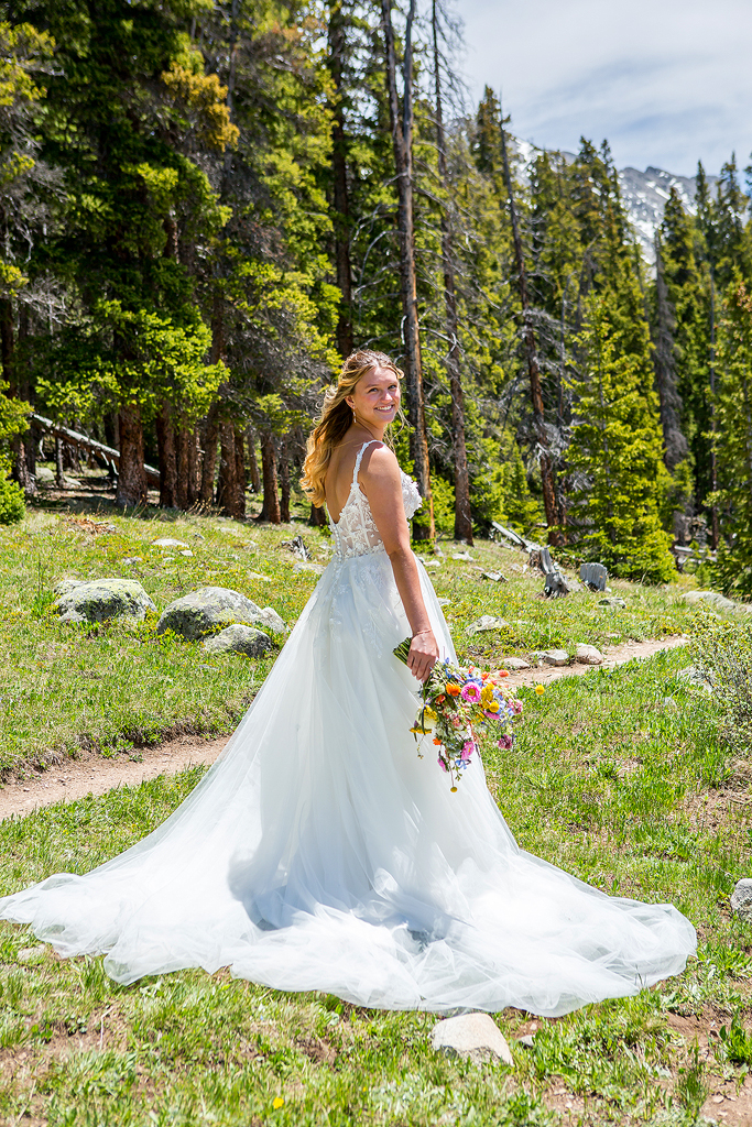 Bride portrait in a Colorado pine forest.