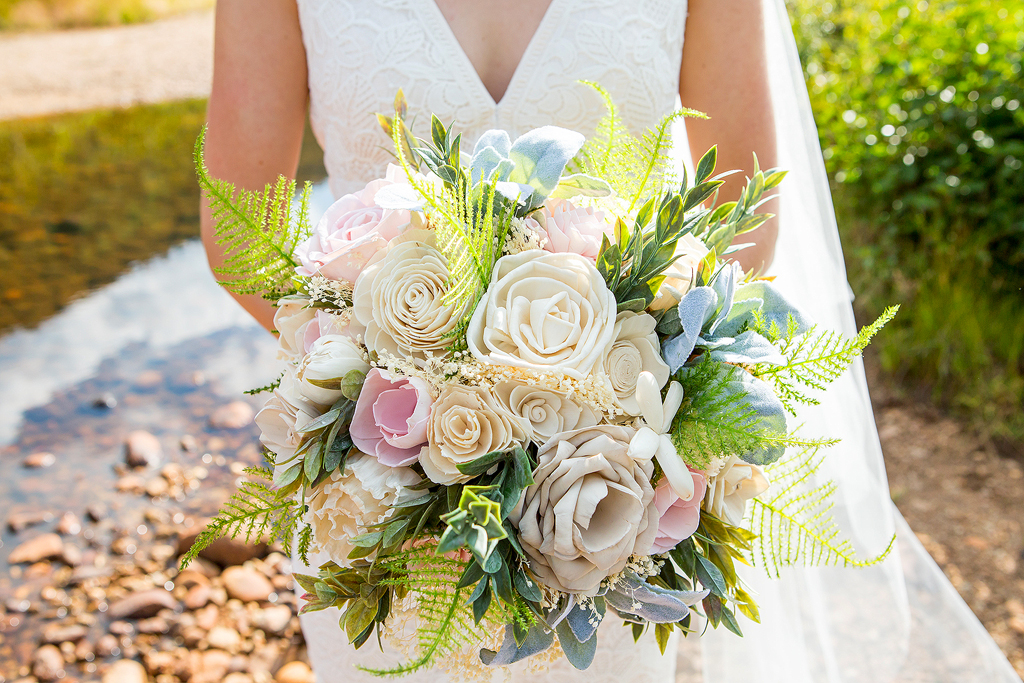 Closeup of bridal bouquet in the Colorado mountains