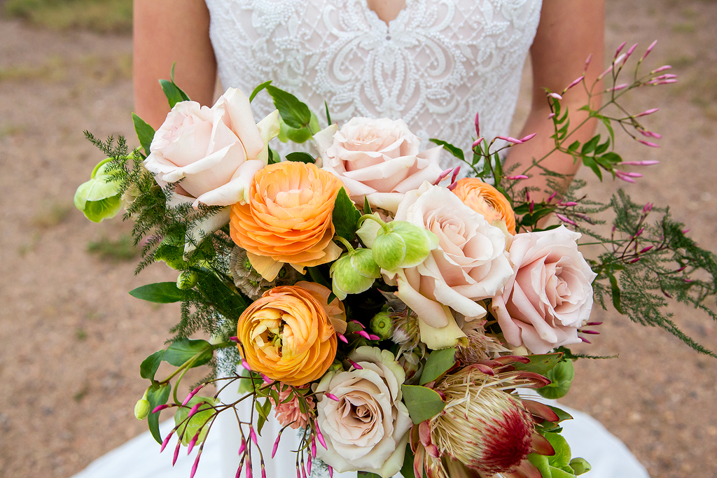 Close up bridal bouquet with soft colors.