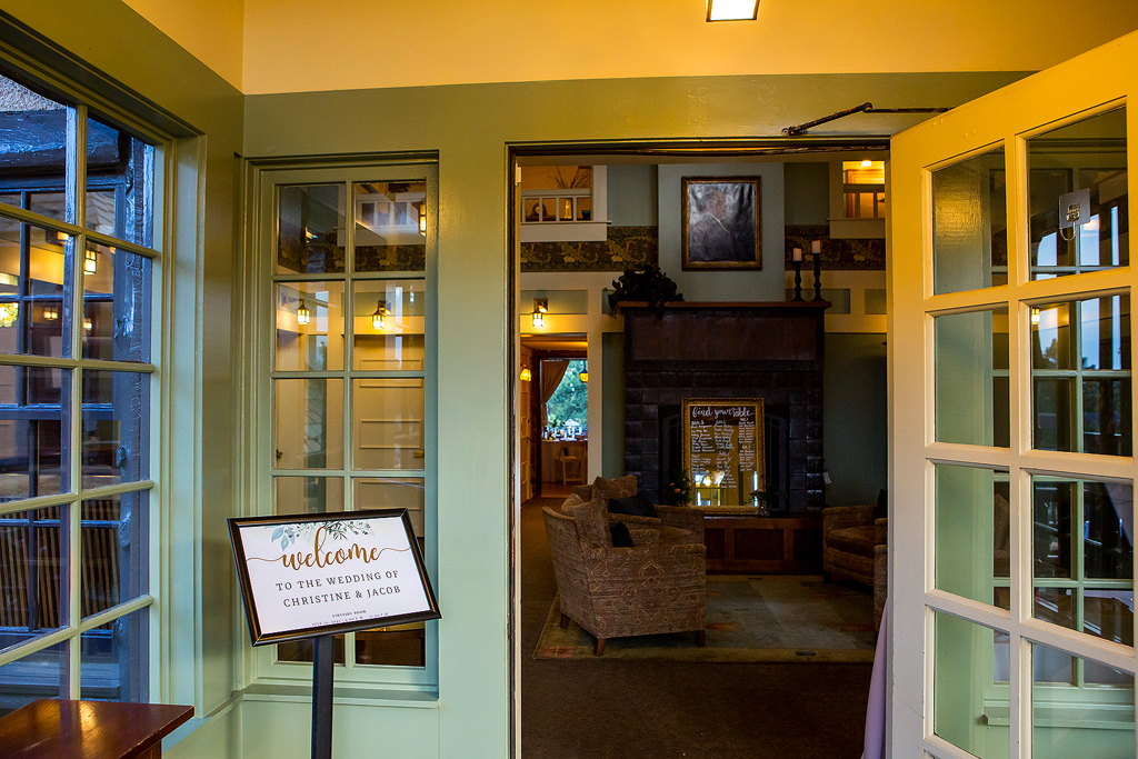 Wedding welcome sign at the entrance to Boettcher Mansion in Golden, CO.