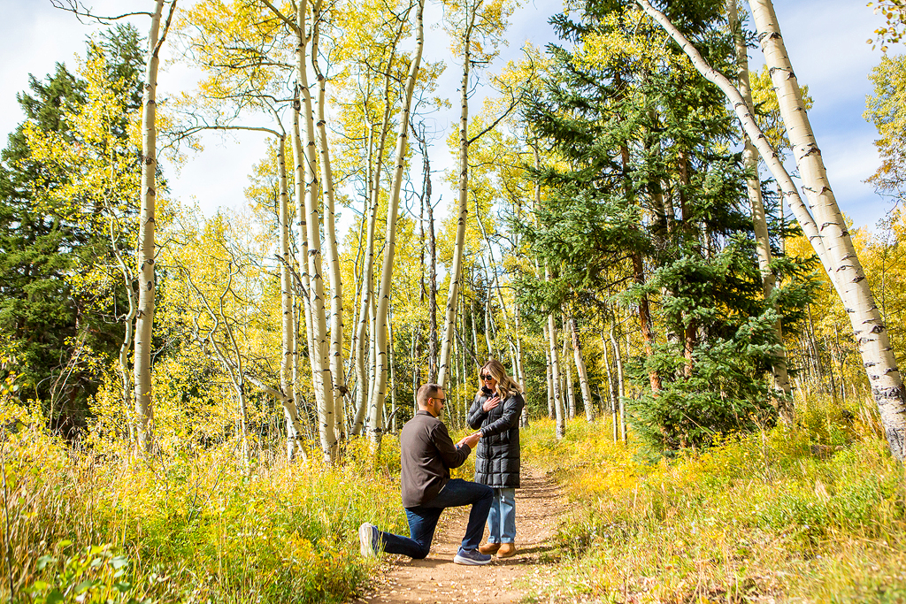 Nick kneels in front of a fall aspen forest to propose to Alex at Ashcroft Ghost Town.