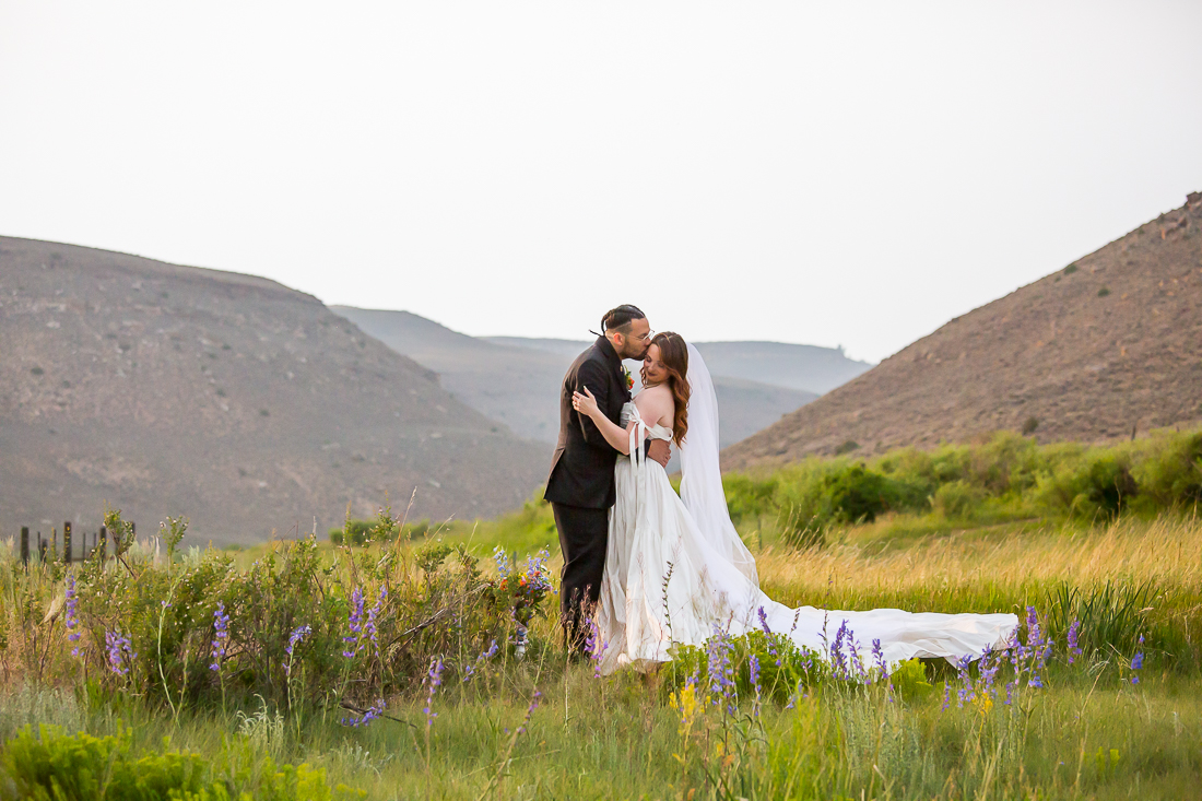 Bride and groom during their Gunnison elopement in meadow with wildflowers and mountains in the background.
